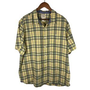 LL Bean Mens Slightly Fitted Plaid Short Sleeve Button Up Shirt XL Blue Yellow